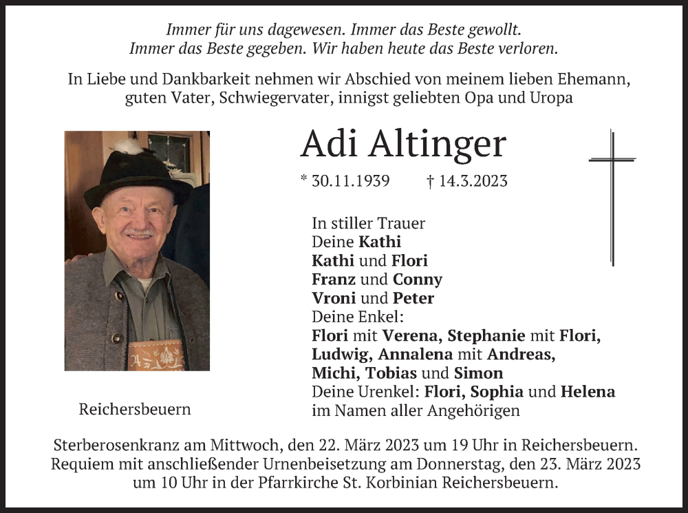  Traueranzeige für Adi Altinger vom 20.03.2023 aus merkurtz