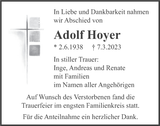 Traueranzeige von Adolf Hoyer von merkurtz