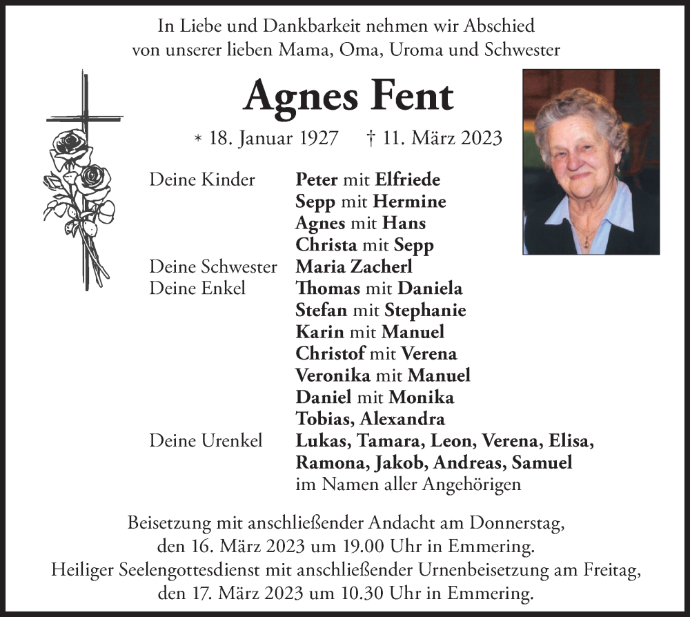  Traueranzeige für Agnes Fent vom 15.03.2023 aus merkurtz