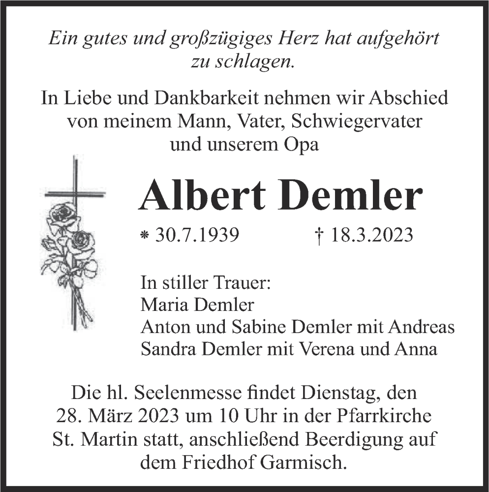  Traueranzeige für Albert Demler vom 24.03.2023 aus merkurtz