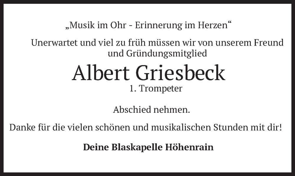  Traueranzeige für Albert Griesbeck vom 11.03.2023 aus merkurtz