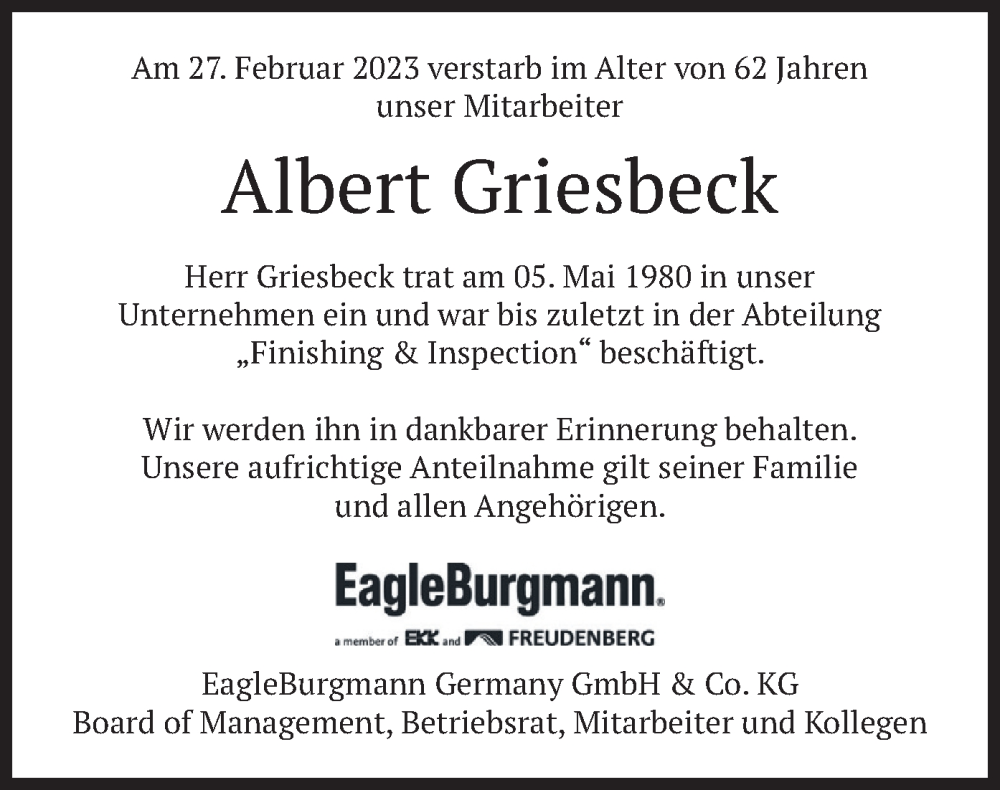  Traueranzeige für Albert Griesbeck vom 09.03.2023 aus merkurtz
