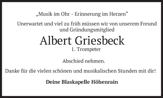 Traueranzeige von Albert Griesbeck von merkurtz