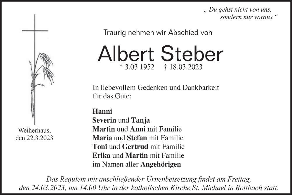  Traueranzeige für Albert Steber vom 22.03.2023 aus merkurtz