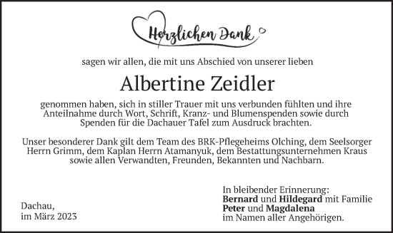 Traueranzeige von Albertine Zeidler von merkurtz