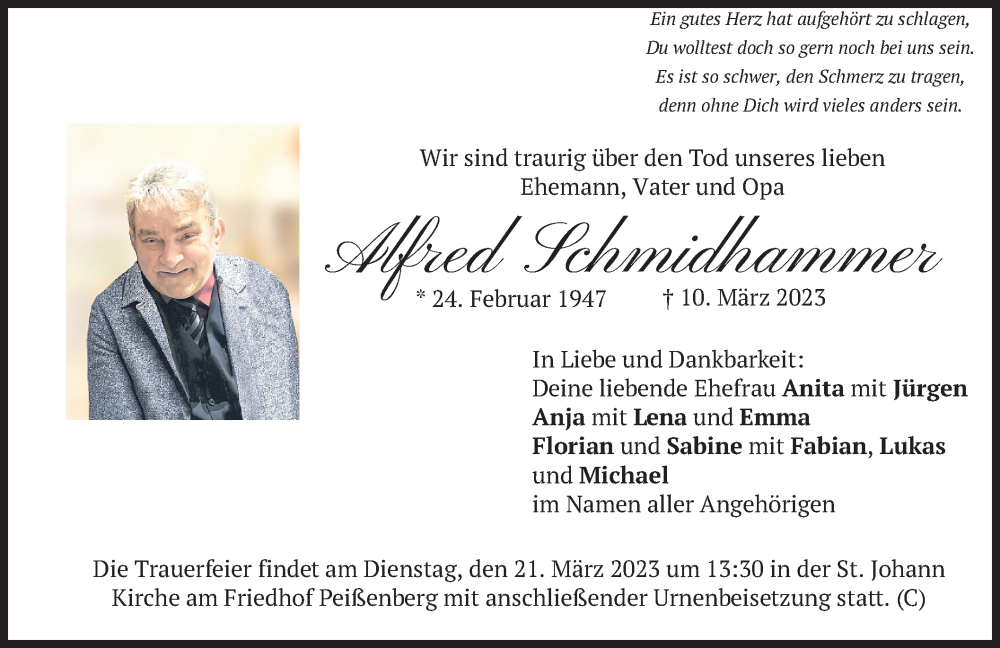  Traueranzeige für Alfred Schmidhammer vom 18.03.2023 aus merkurtz