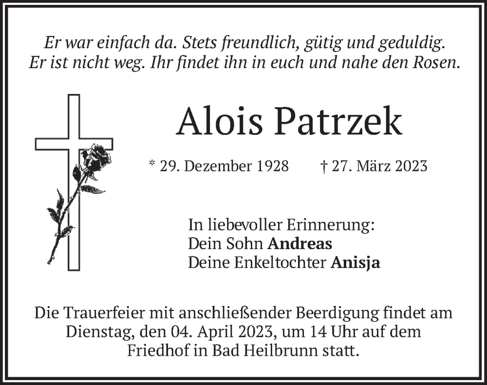  Traueranzeige für Alois Patrzek vom 01.04.2023 aus merkurtz