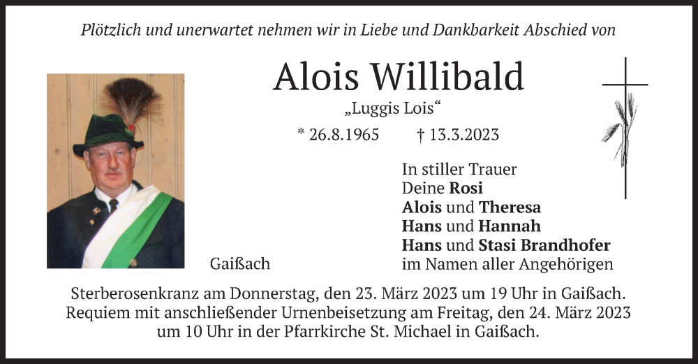  Traueranzeige für Alois Willibald vom 22.03.2023 aus merkurtz