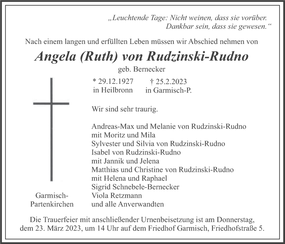  Traueranzeige für Angela von Rudzinski-Rudno vom 11.03.2023 aus merkurtz