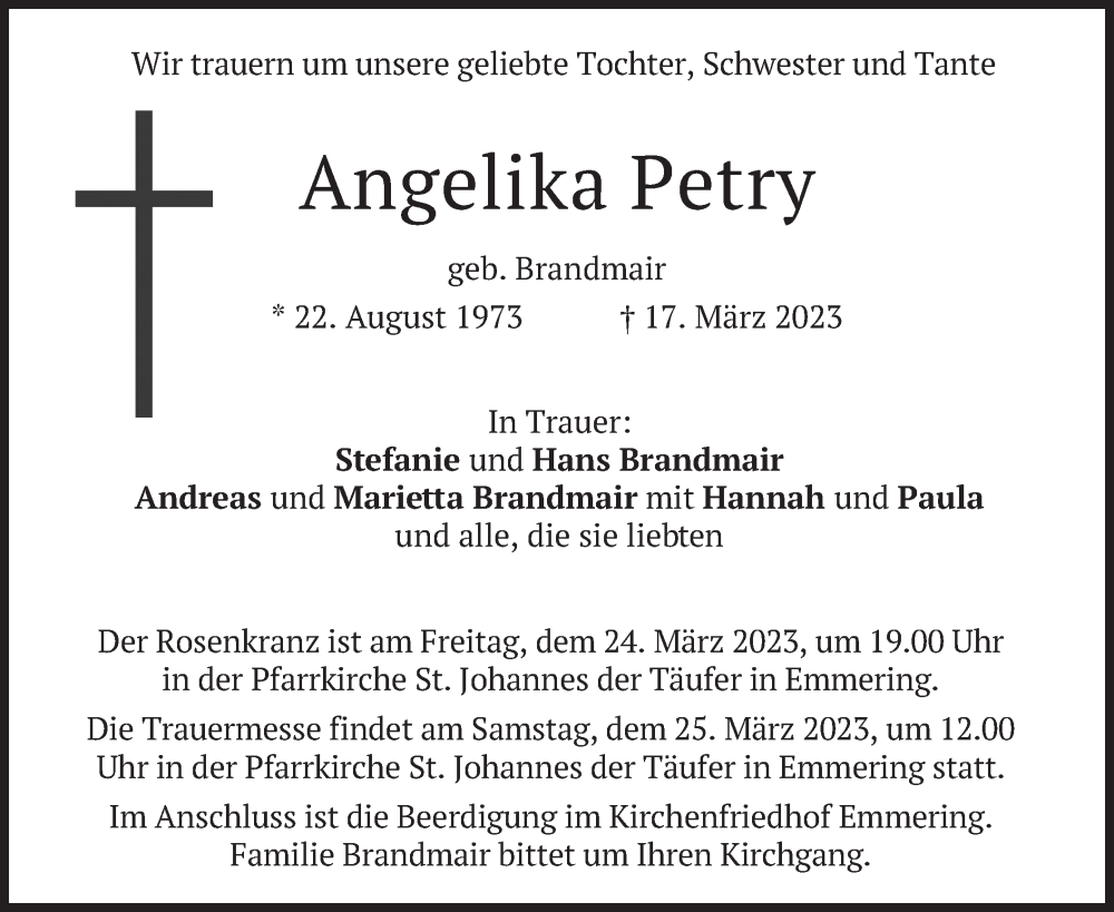  Traueranzeige für Angelika Petry vom 22.03.2023 aus merkurtz