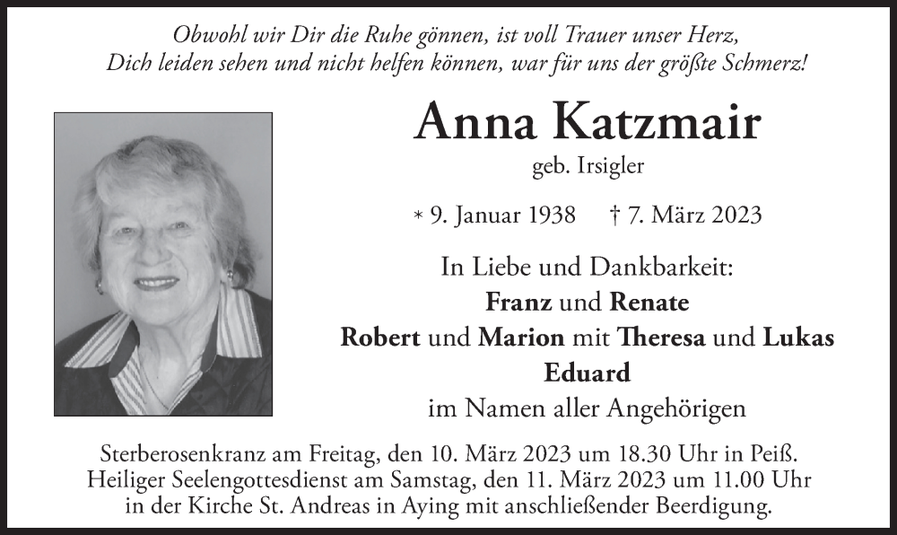  Traueranzeige für Anna Katzmair vom 09.03.2023 aus merkurtz
