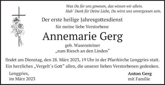Traueranzeige von Annemarie Gerg von merkurtz