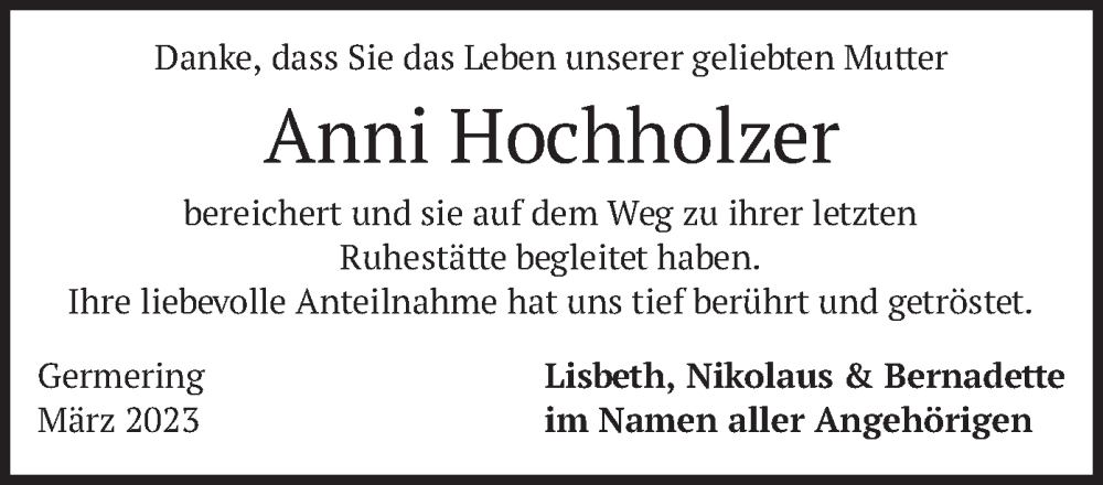  Traueranzeige für Anni Hochholzer vom 01.03.2023 aus merkurtz