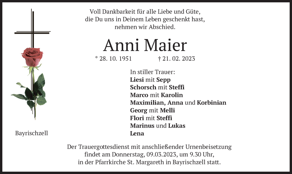  Traueranzeige für Anni Maier vom 04.03.2023 aus merkurtz