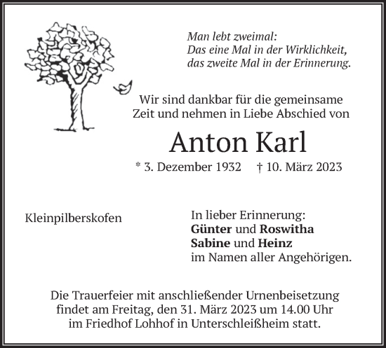 Traueranzeige von Anton Karl von merkurtz