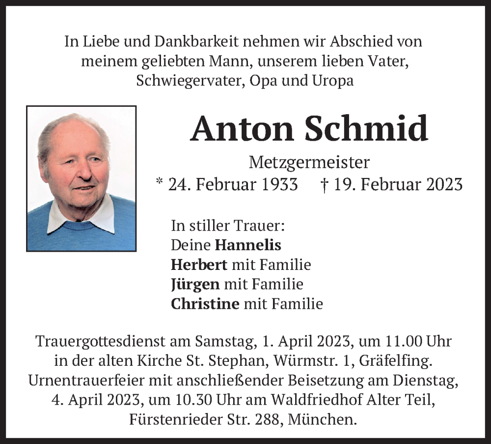  Traueranzeige für Anton Schmid vom 25.03.2023 aus merkurtz
