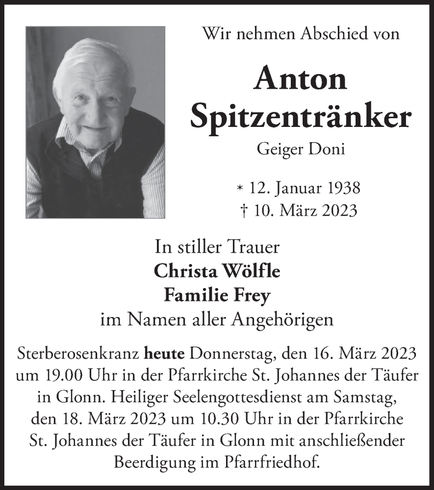  Traueranzeige für Anton Spitzentränker vom 16.03.2023 aus merkurtz