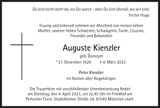 Traueranzeige von Auguste Kienzler von merkurtz