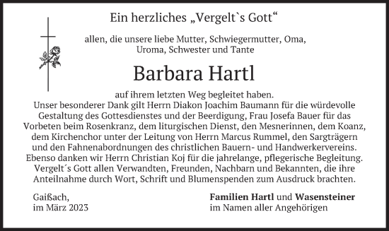 Traueranzeige von Barbara Hartl von merkurtz