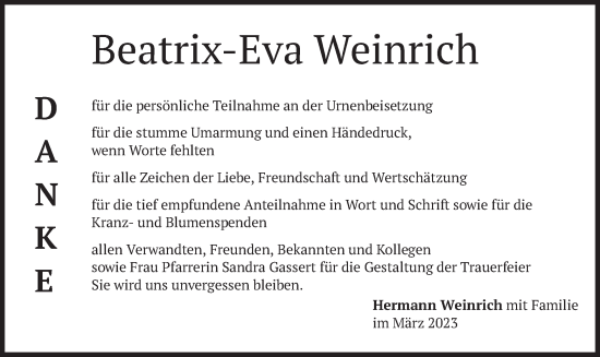 Traueranzeige von Beatrix-Eva Weinrich von merkurtz