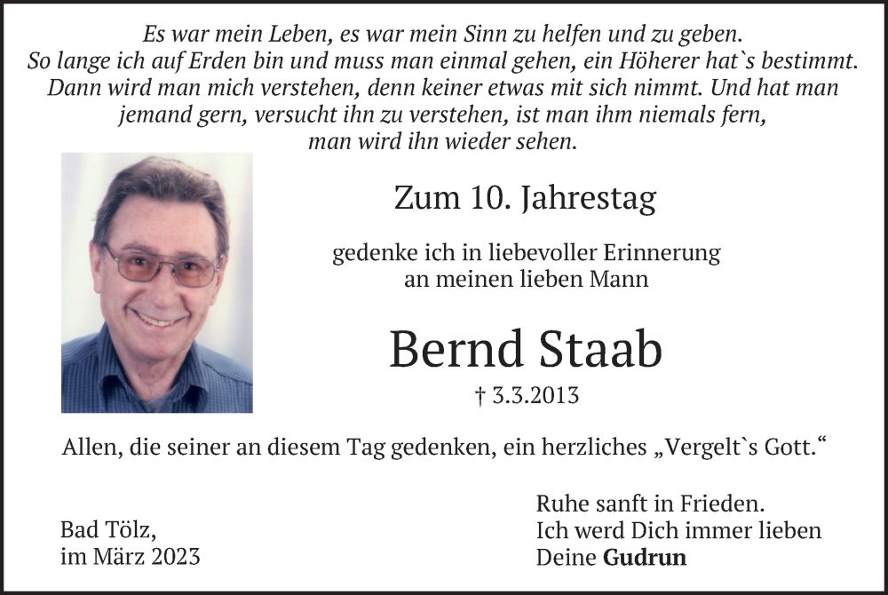  Traueranzeige für Bernd Staab vom 03.03.2023 aus merkurtz