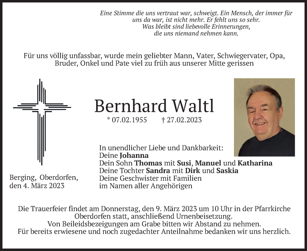  Traueranzeige für Bernhard Waltl vom 04.03.2023 aus merkurtz
