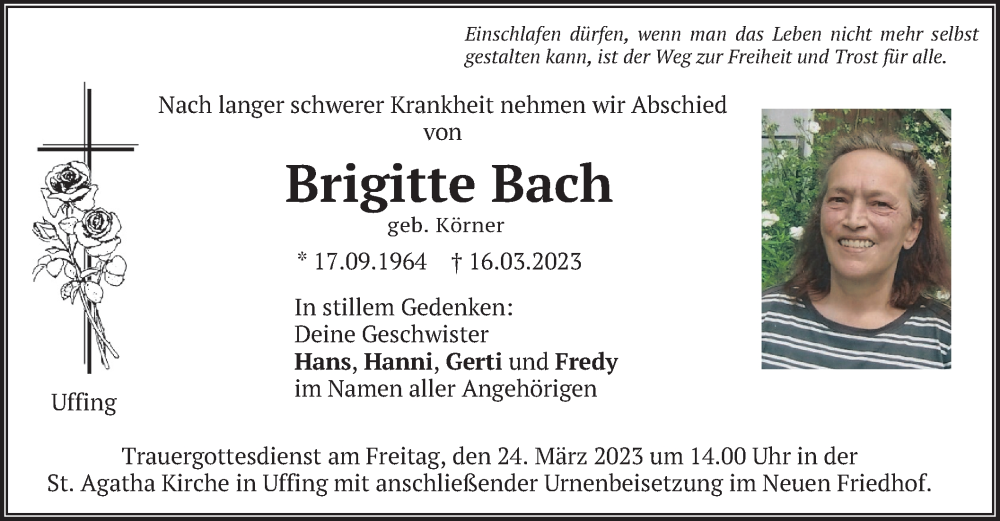  Traueranzeige für Brigitte Bach vom 21.03.2023 aus merkurtz