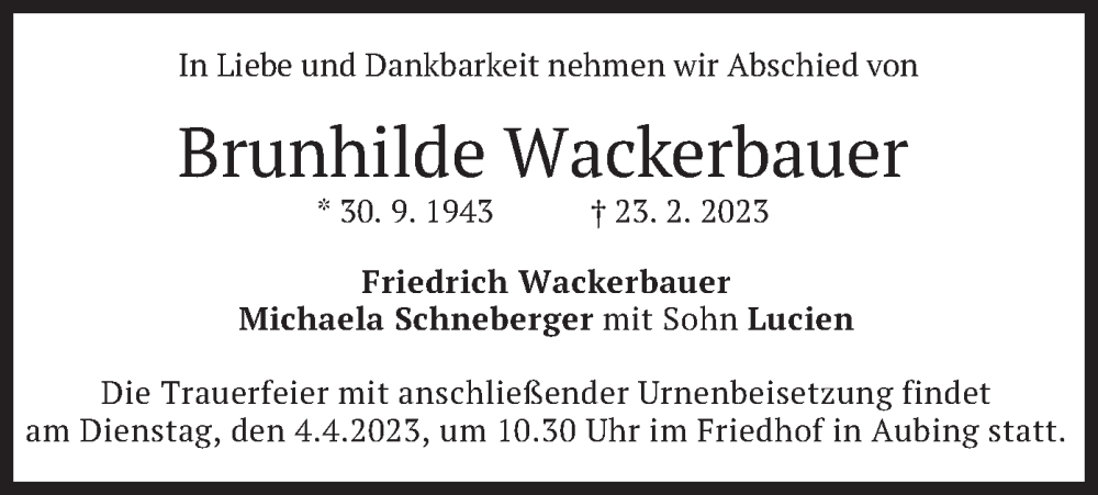  Traueranzeige für Brunhilde Wackerbauer vom 01.04.2023 aus merkurtz