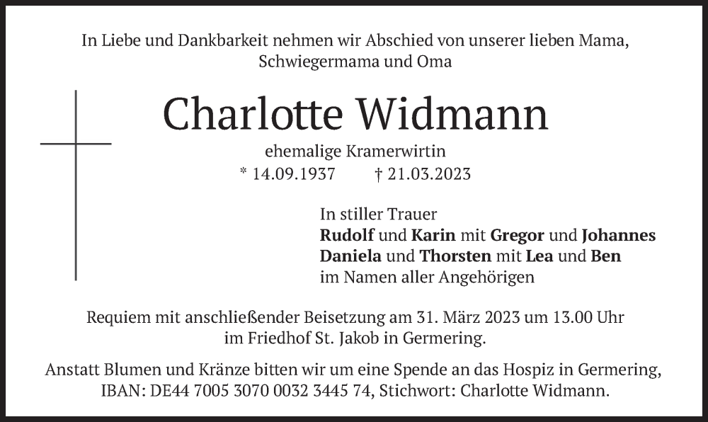  Traueranzeige für Charlotte Widmann vom 25.03.2023 aus merkurtz