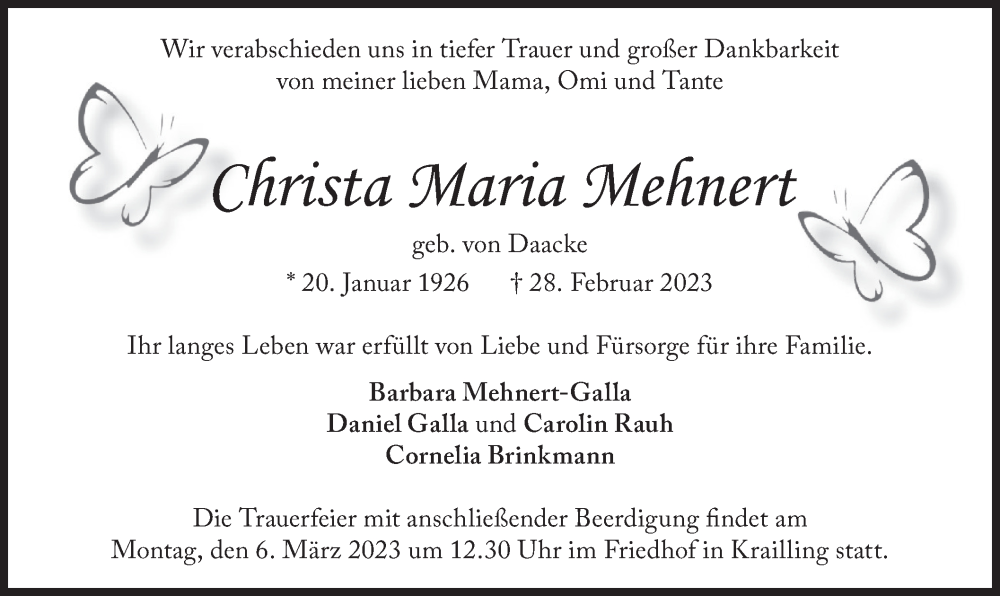  Traueranzeige für Christa Maria Mehnert vom 03.03.2023 aus merkurtz