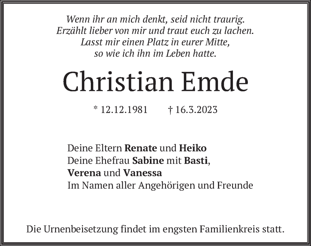  Traueranzeige für Christian Emde vom 24.03.2023 aus merkurtz