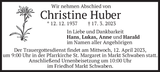 Traueranzeige von Christine Huber von merkurtz