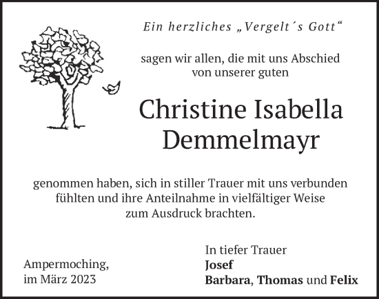 Traueranzeige von Christine Isabella Demmelmayr von merkurtz