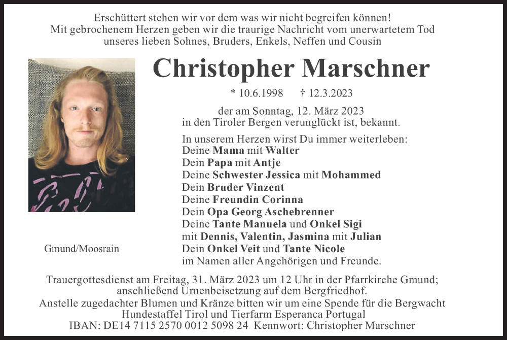  Traueranzeige für Christopher Marschner vom 25.03.2023 aus merkurtz