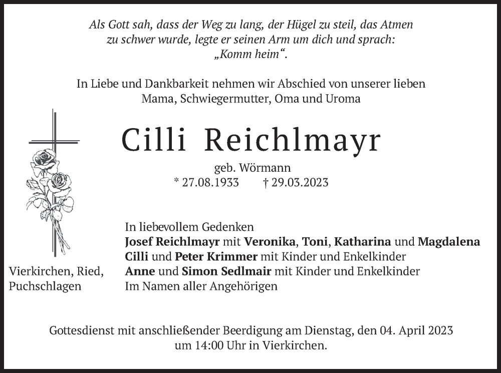  Traueranzeige für Cilli Reichlmayr vom 31.03.2023 aus merkurtz