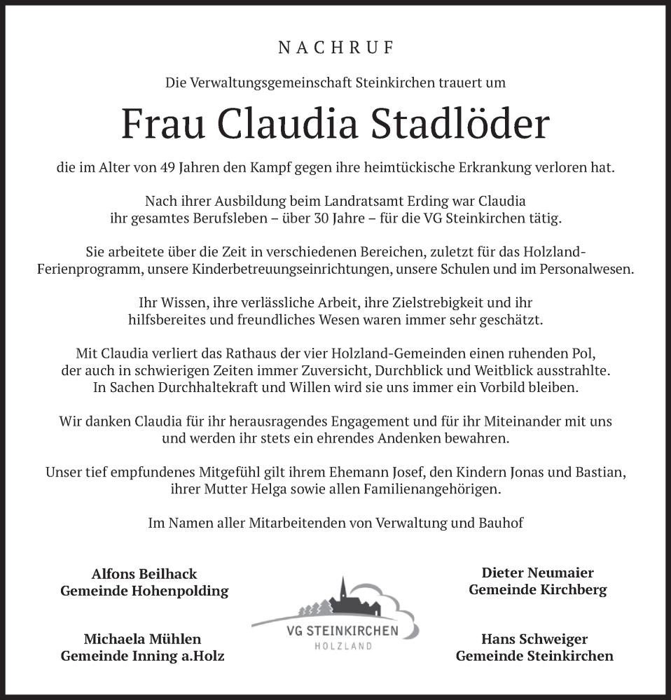  Traueranzeige für Claudia Stadlöder vom 25.03.2023 aus merkurtz