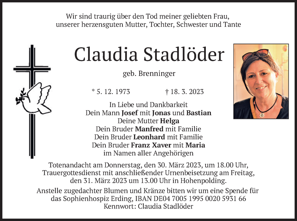  Traueranzeige für Claudia Stadlöder vom 25.03.2023 aus merkurtz