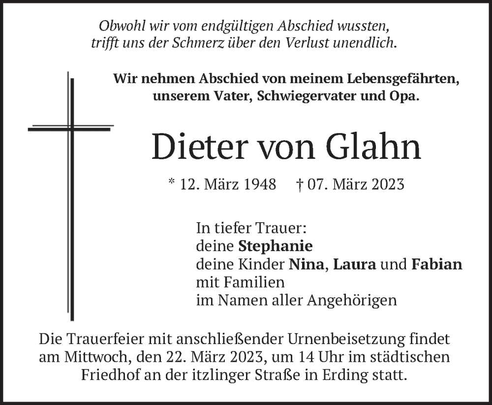  Traueranzeige für Dieter von Glahn vom 14.03.2023 aus merkurtz
