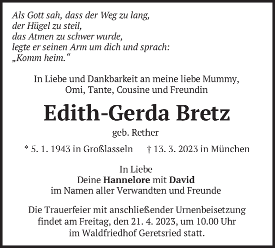 Traueranzeige von Edith-Gerda Bretz von merkurtz
