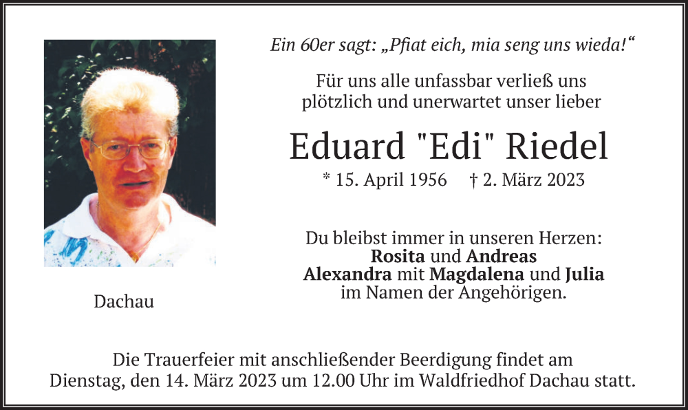  Traueranzeige für Eduard Riedel vom 11.03.2023 aus merkurtz