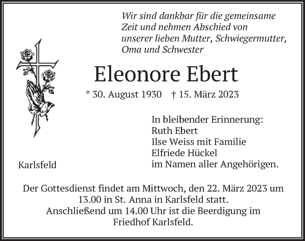  Traueranzeige für Eleonore Ebert vom 18.03.2023 aus merkurtz