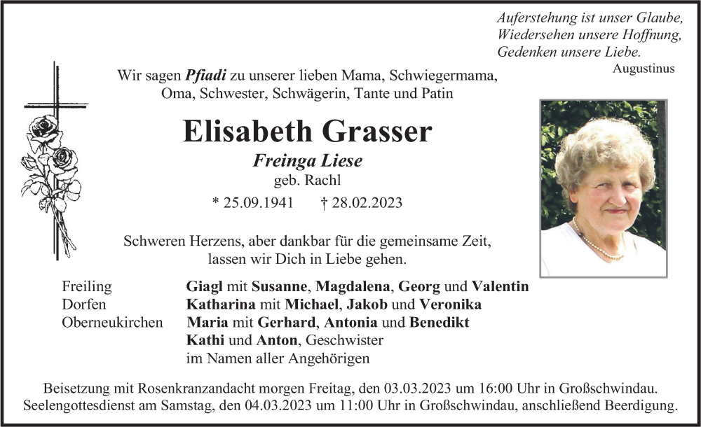 Traueranzeige für Elisabeth Grasser vom 02.03.2023 aus merkurtz
