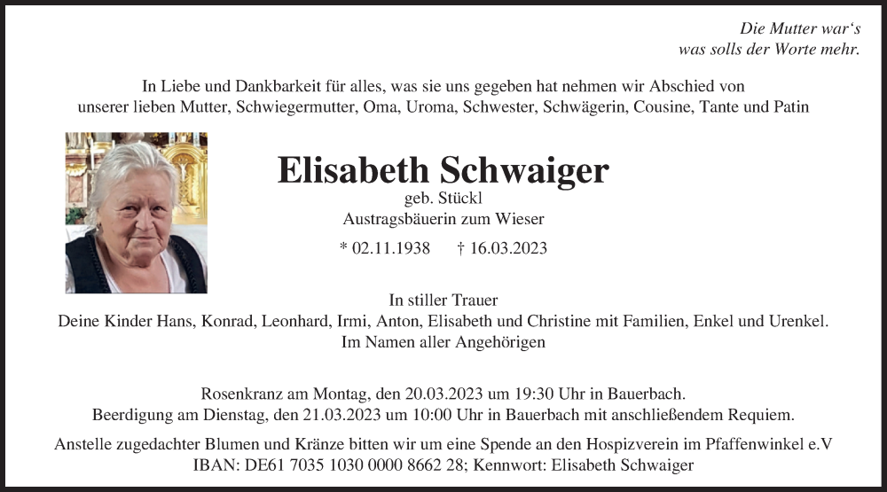 Traueranzeige für Elisabeth Schwaiger vom 18.03.2023 aus merkurtz