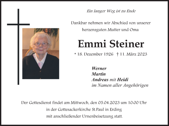 Traueranzeige von Emmi Steiner von merkurtz