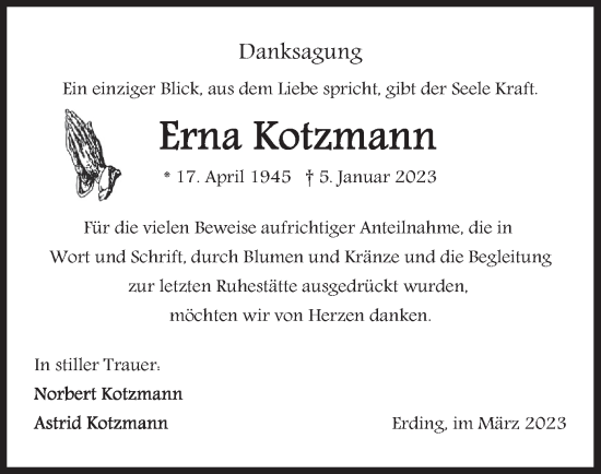 Traueranzeige von Erna Kotzmann von merkurtz