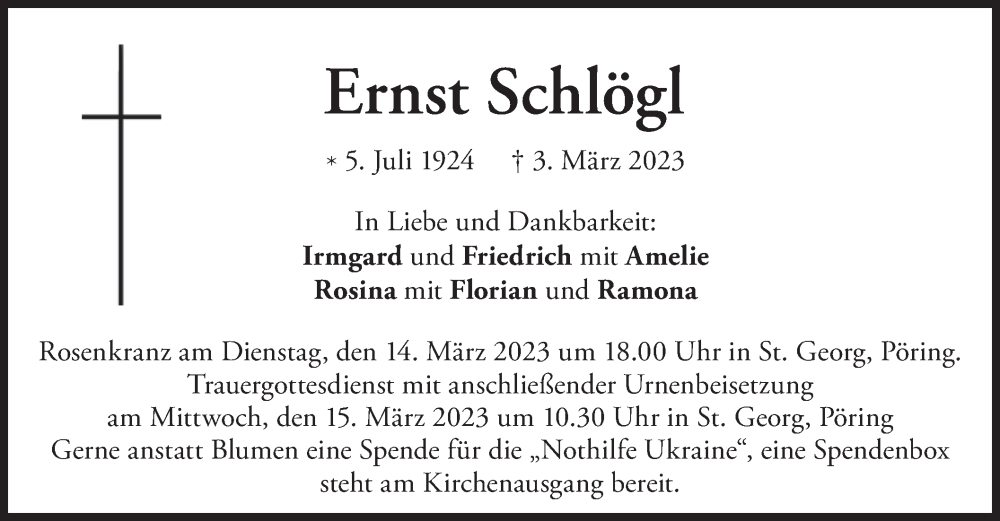  Traueranzeige für Ernst Schlögl vom 11.03.2023 aus merkurtz