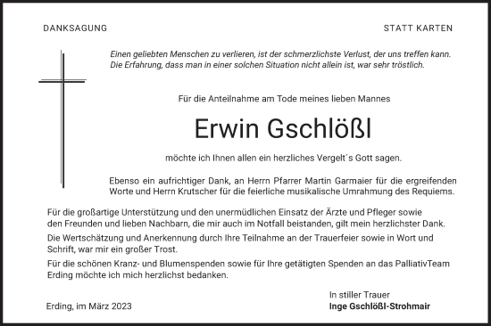 Traueranzeige von Erwin Gschlößl von merkurtz