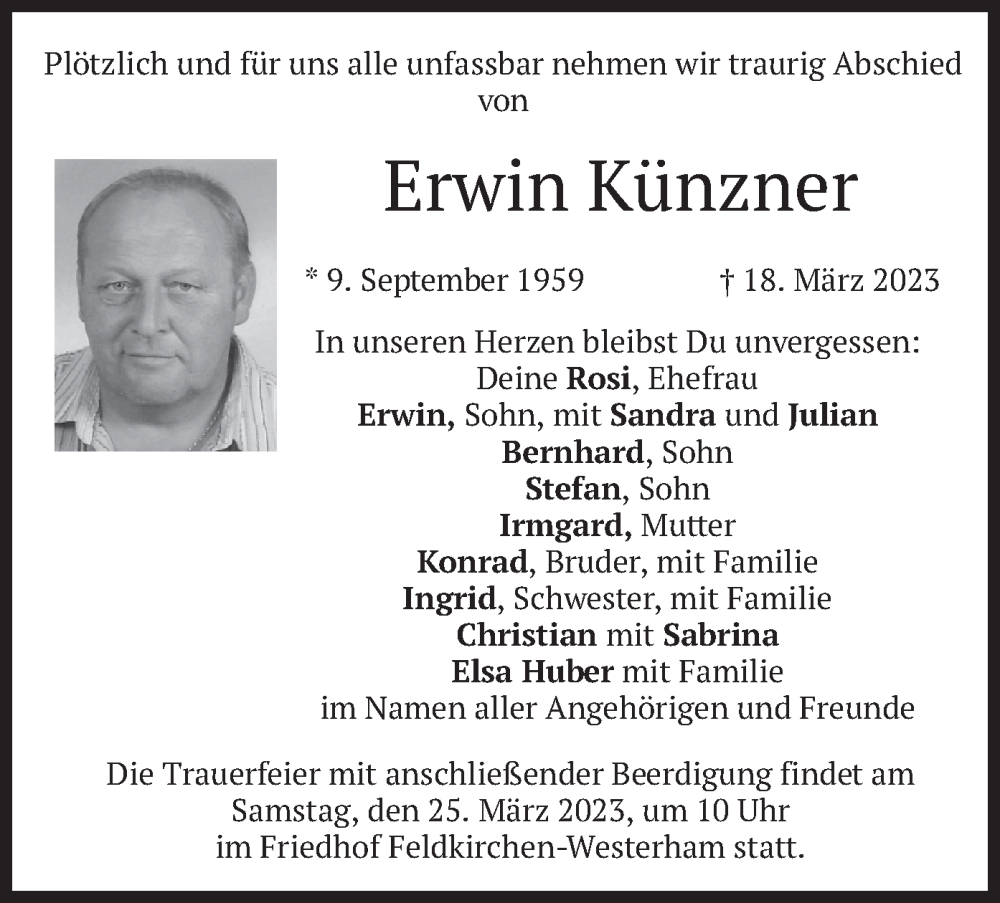  Traueranzeige für Erwin Künzner vom 22.03.2023 aus merkurtz