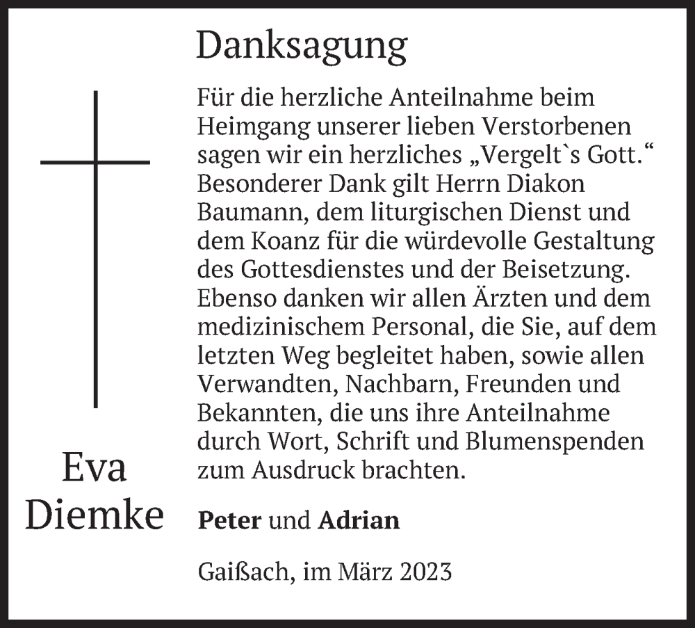  Traueranzeige für Eva Diemke vom 08.03.2023 aus merkurtz
