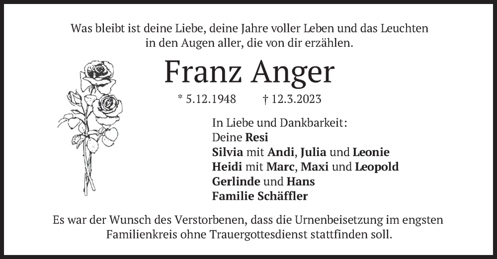  Traueranzeige für Franz Anger vom 18.03.2023 aus merkurtz